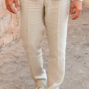 Pantalón arena de lino ibicenco para novio, fresco, elegante y ligero en talla 48