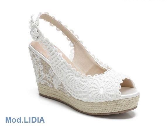 Cuña novia ibicenca guipur elegante con plataforma cómoda, plantilla gel y puntilla artesanal
