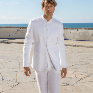 Chaqueta ibicenca blanca cuello mao elegante para boda mediterránea talla 50