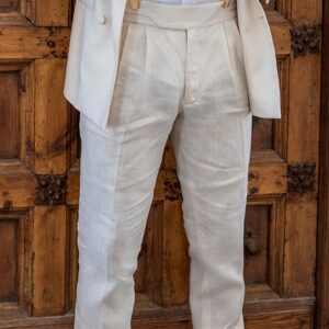 Pantalón ibicenca blanco de lino con pinzas, fajín cómodo y caída fluida para look bohemio