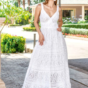 Vestido ibicenco largo encaje blanco elegante con vuelo romántico