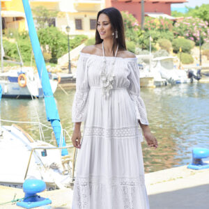 vestido ibicenco bardot blanco puntilla largo elegante verano
