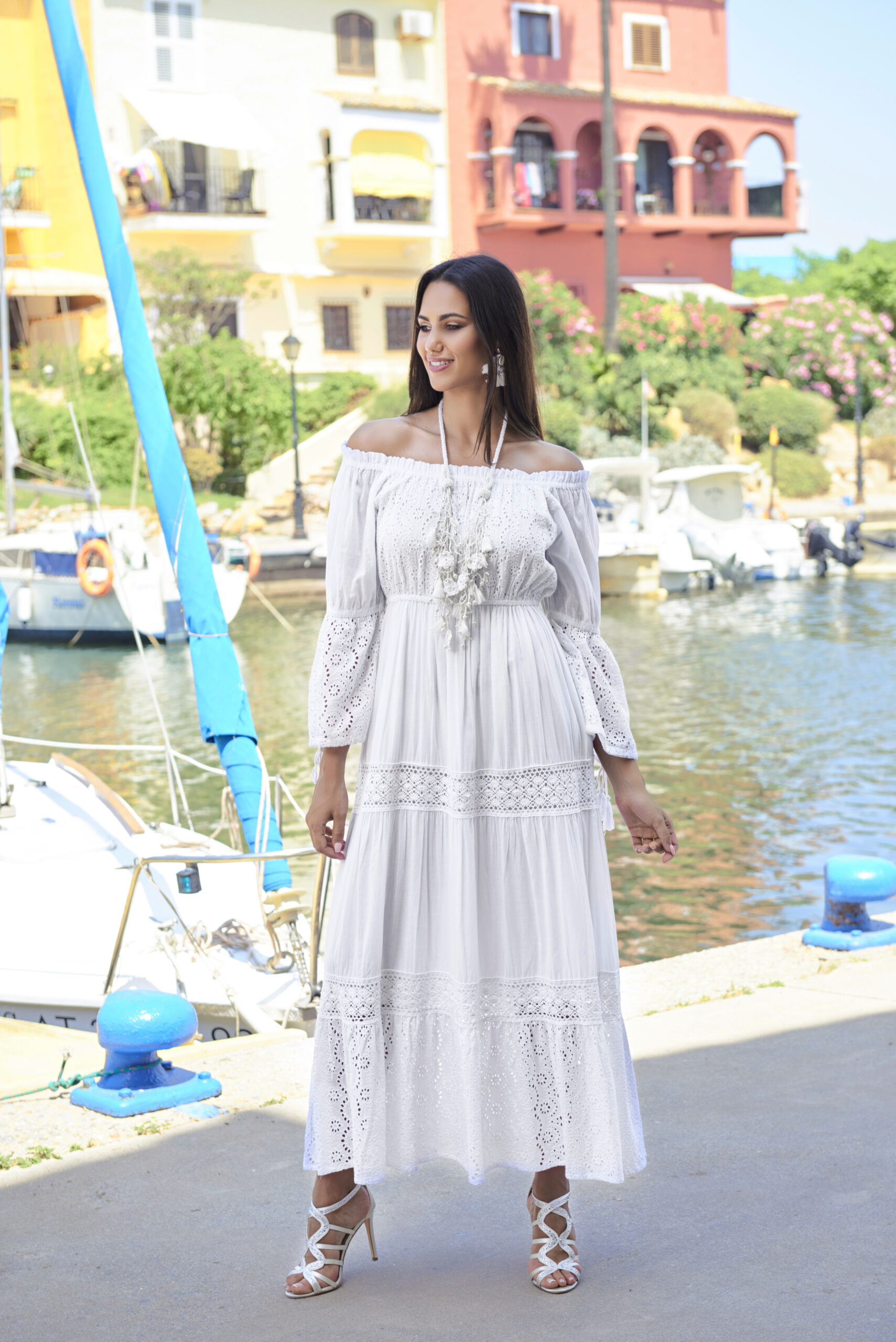 vestido ibicenco bardot blanco puntilla largo elegante verano