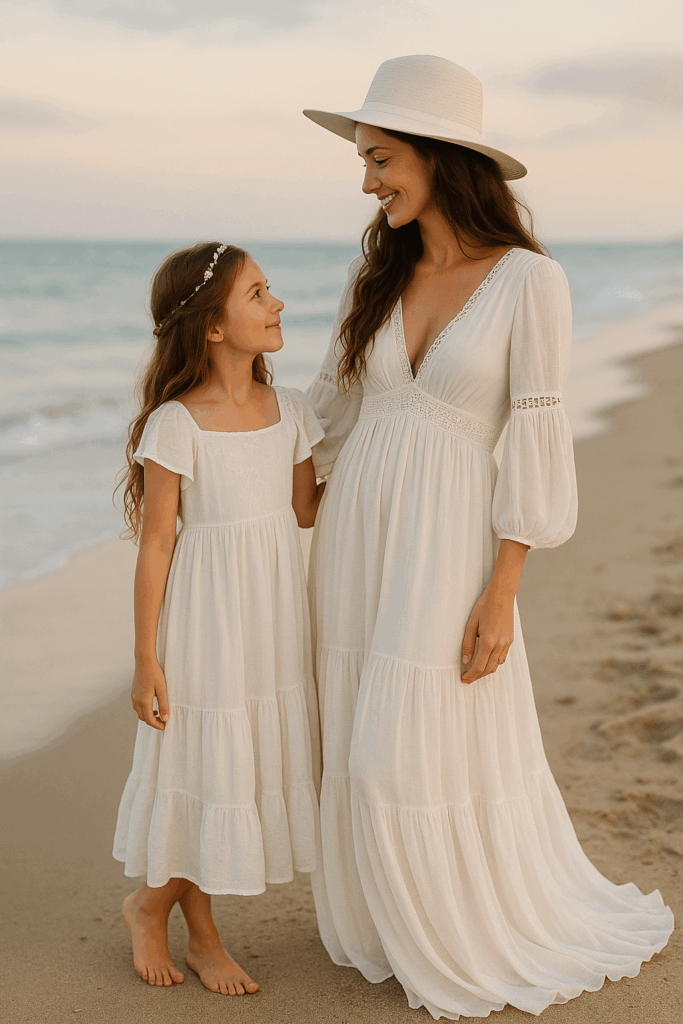 Madre e Hija en la playa con moda ibicenca