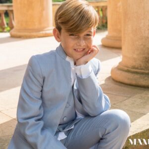 Traje de comunión lino azul de chaqueta y pantalón